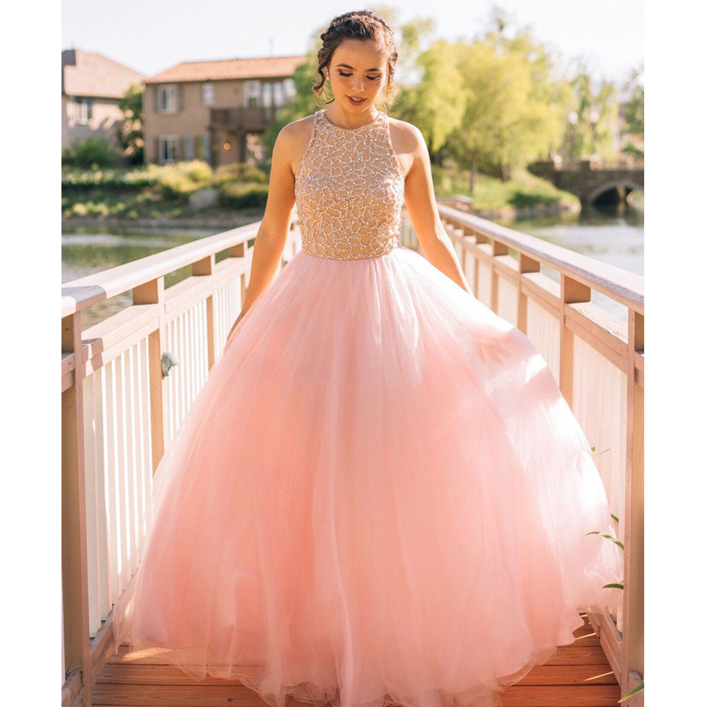 Pink Gorgeous A-line Spaghetti Tulle Flower Applique Prom Dresses –  Ballbella
